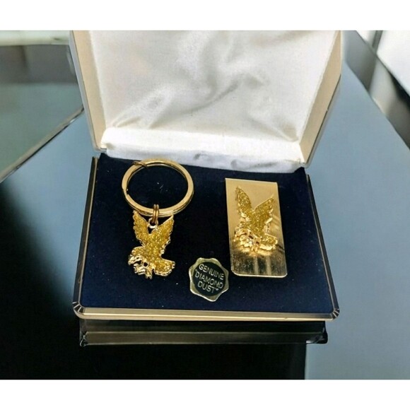 Marquis Genuine Diamond Dust Eagle Key Ring Matching Money Clip Gold Tone Metal - Picture 2 of 15